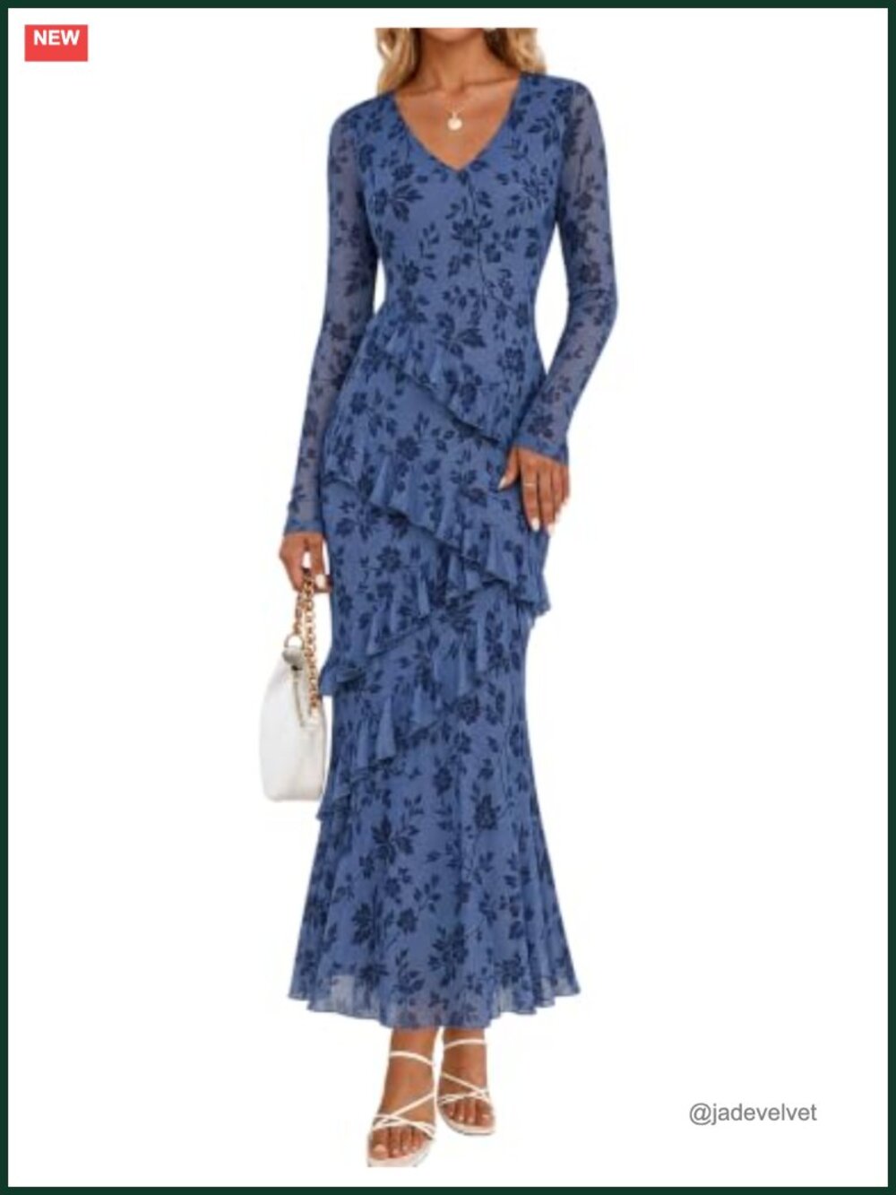 Long Sleeve Bodycon Maxi Dress Floral Mesh Ruffled V-Neck